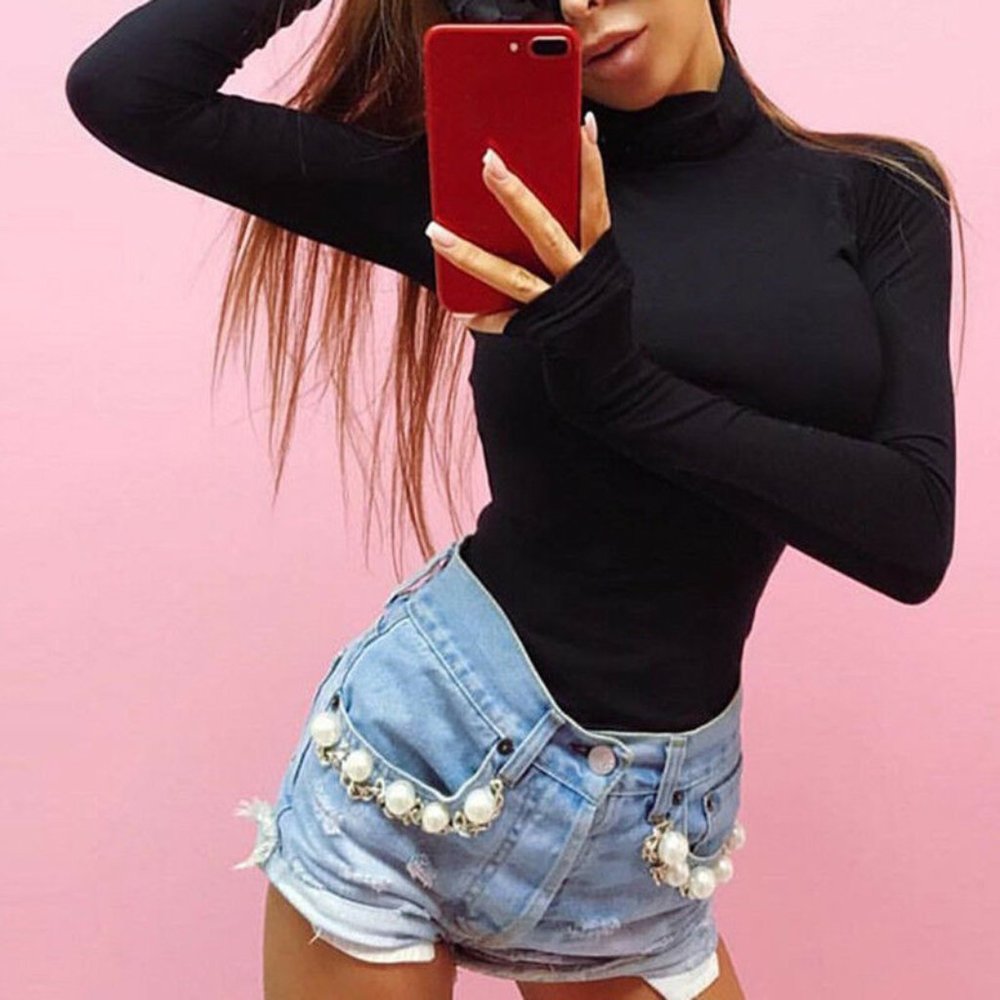 Women's Turtle Neck Bodysuit Long Sleeve Solid Plain Stretch Cotton - Black - S